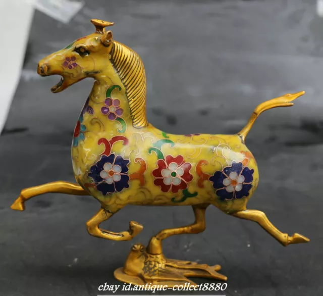 8.7" China Yellow Cloisonne Enamel Bronze Animal Horse Tread Fly Swallow Statue