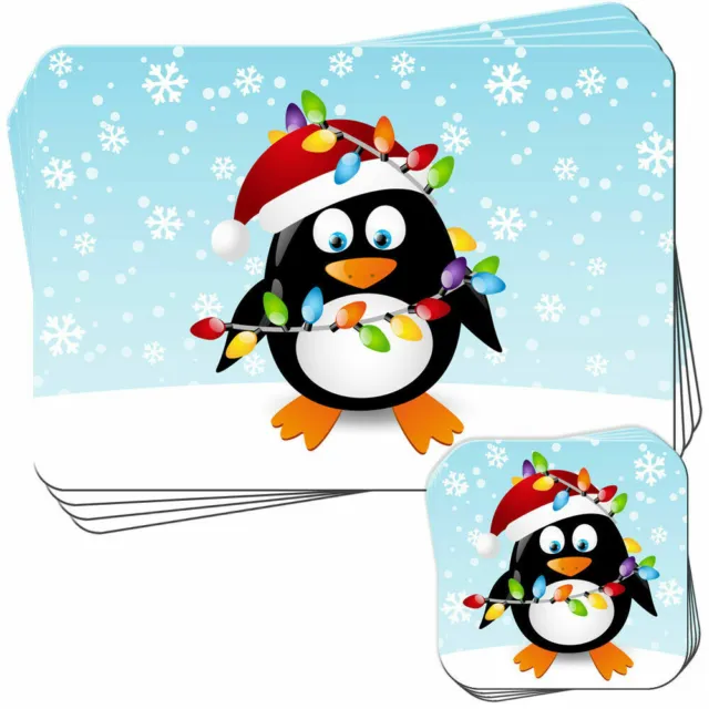 Penguin Tangled In Christmas Lights Set of 4 Placemats and Coasters