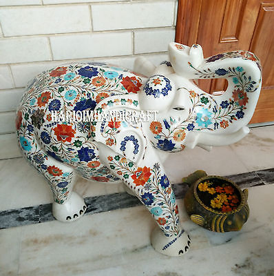 Elephant 25.4cm Blanc Marbre Éléphant Fait Rare Figurine Incrusté de Collection Arts 