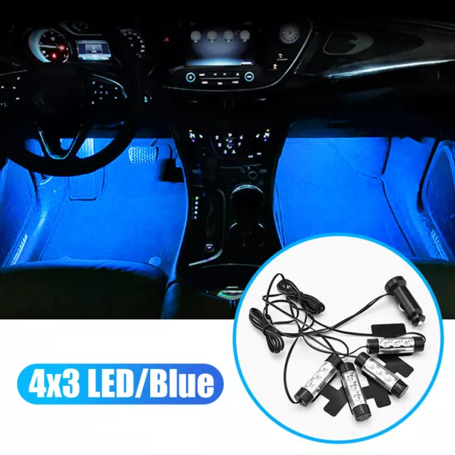 4x 3 LED Azul Coche Carga Decorativa 12V Brillo Interior 4 en 1 Lámpara de Luz Atmosférica