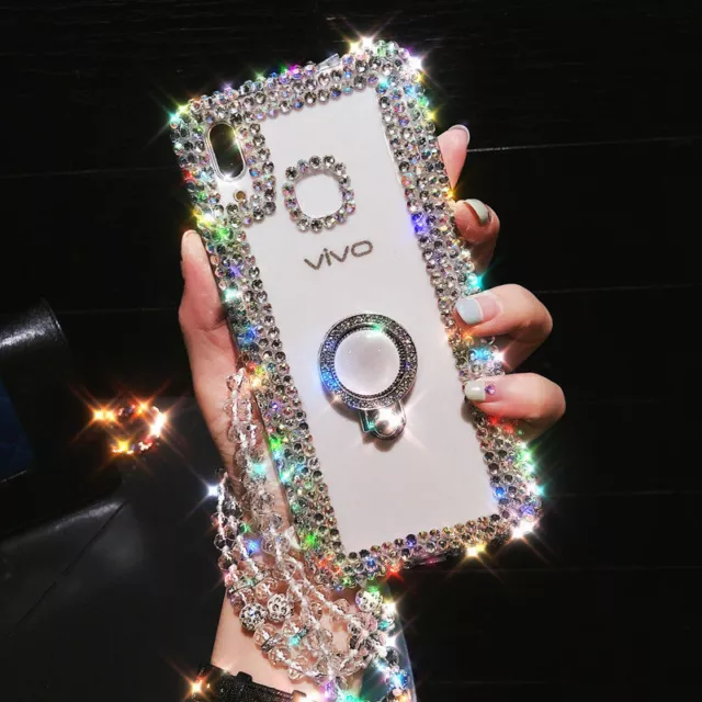 Luxury Bling Ring Holder Stand Kickstand Case phone Cover With Crystal Lanyard