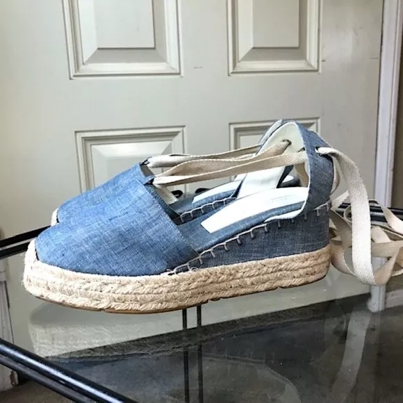 RALPH LAUREN COLLECTION "Uma Indigo Platform Espadrilles w/ Ankle Laces EUC/ 9.5