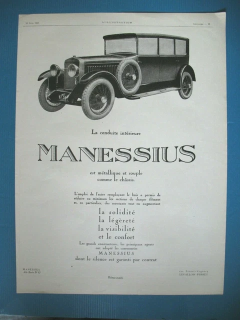 Publicite De Presse Manessius Automobile Conduite Interieure French Ad 1925