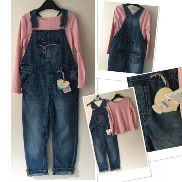 New tags Mothercare girls little bird dungarees & new TU Ribbed Polka Top 4-5 Yr