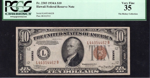 1934A PCGS VF 35 $10 Hawaii Emergency Federal Reserve Note FR# 2303 LBBlock 1934