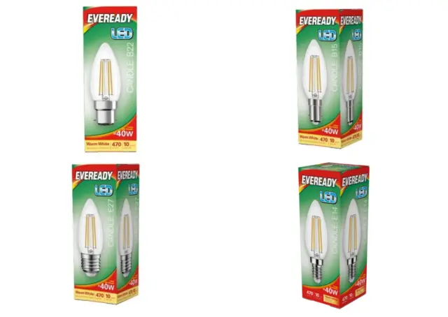 4w = 40w Eveready LED Candle Filament Light Bulbs B22 E27 B15 E14 Warm White