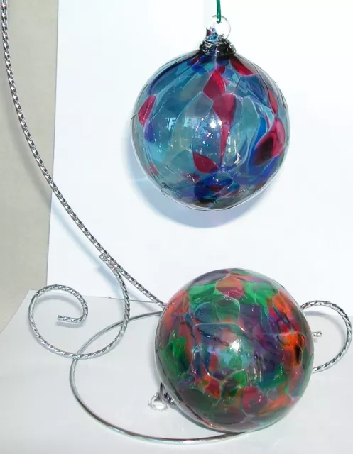 2 Kitras-style Art Glass Calico Balls Hand Blown green/orange, blue/cranberry