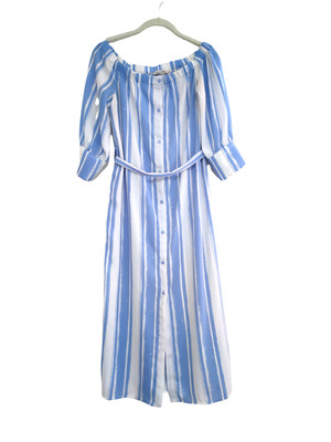 Haute Monde Women's Dress Off Shoulder Blue White Stripe Midi half sleeve Medium