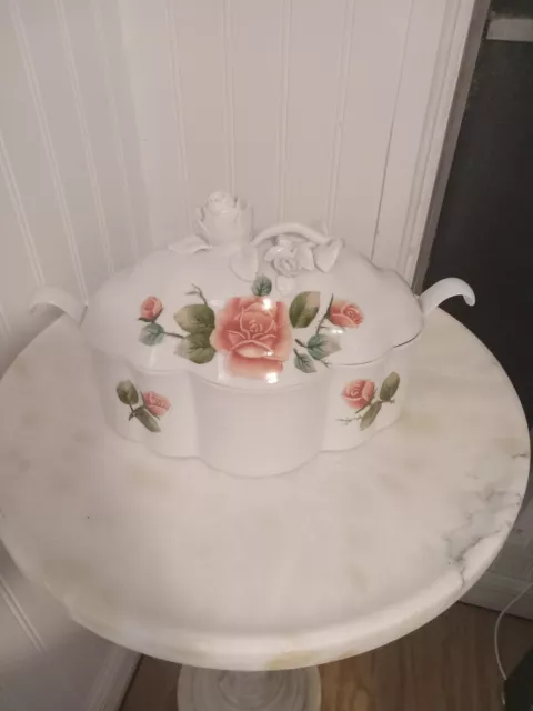 Beautiful Pink and White Tureen with Roses with Lid