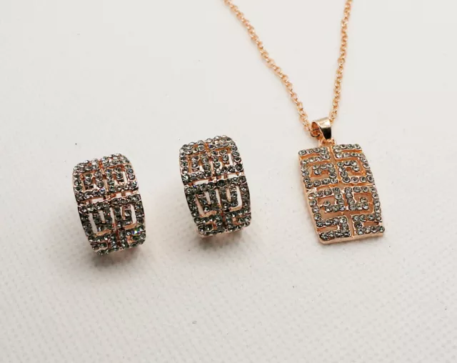 2Tlg. Schmuck Set, Kette mit Anhänger-Ohrringe, Vergoldet+Strass.