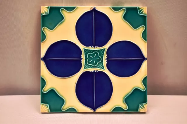 Vintage Japan Tile Majolica Art Nouveau Danto Kaisha Porcelain Blue Leaf Four"79