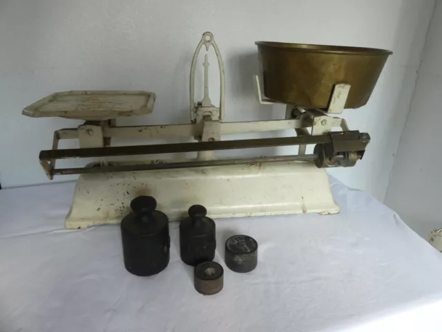 Küchenwaage Balkenwaage KRUPS 5kg D.R.G.M. Messing Eisen alt antik - 4 Gewichte