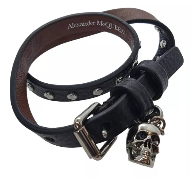 ALEXANDER McQUEEN Double Wrap Skull Bracelet Leather Studded Black OS NEW RRP190