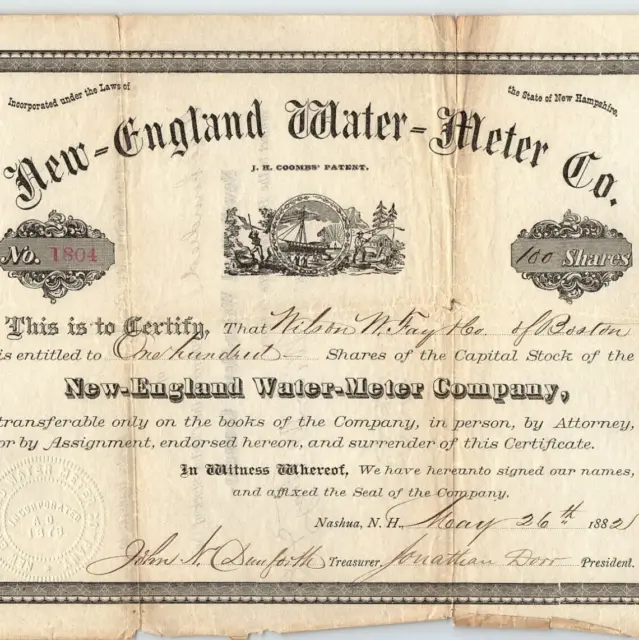 1882 New England Water-Meter Co. Stock Certificate Nashua New Hampshire NH VTG