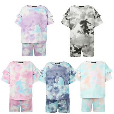 Girls Tie Dye Print Ruffle Detail Top Shirt Shorts Kids Top Bottoms Set 3-14Y
