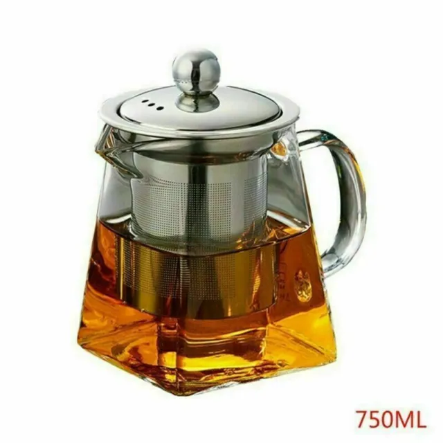 Heat Resistant Clear Glass Teapot Jug With Infuser Coffee Tea Leaf Herbal Pot UK