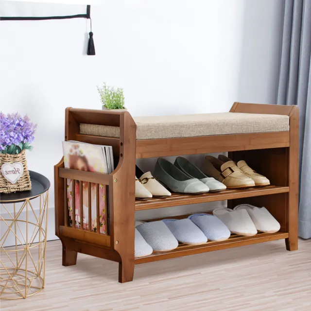 Bamboo Shoe Rack 2 Tier Bench w/ Removable Cushion Entryway Organizer Shelf Home