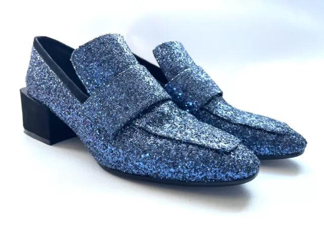 Stuart Weitzman $495 Sawyer Night Sky Blue Glitter Loafers Sz 8.5