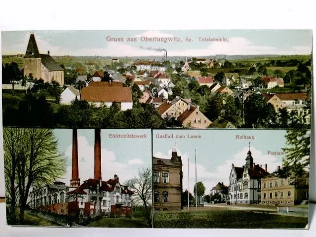 Gruss aus Oberlungwitz. Alte, schöne Mehrbild AK farbig. gel. 1908. Ortsansicht-