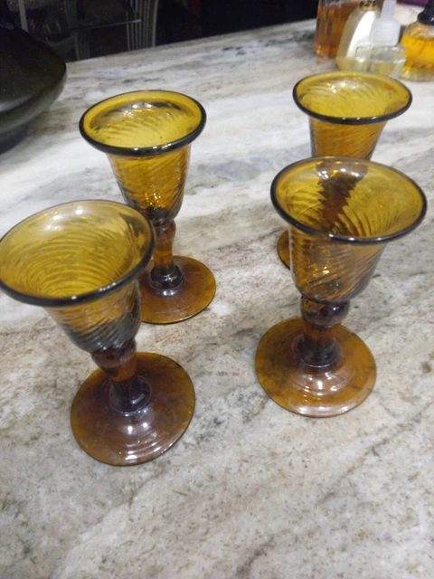 Set Of Four Vintage Hand Blown Shot Or Cordial Glasses,Amber