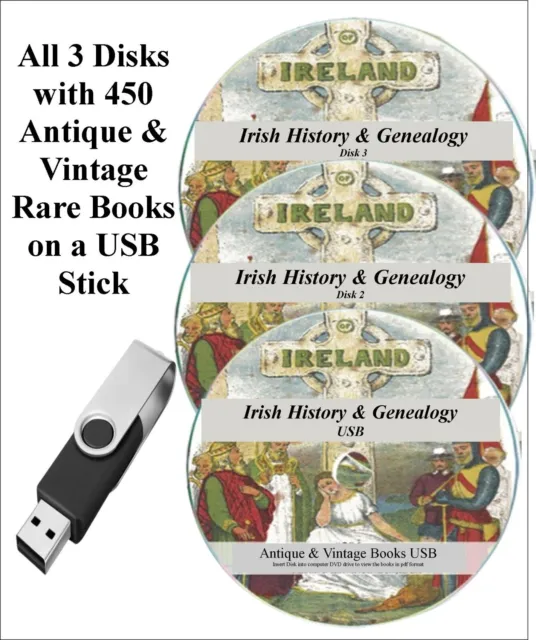Irish Genealogy History 450 Rare Books Family Tree Gaelic Folklore USA Eire USB