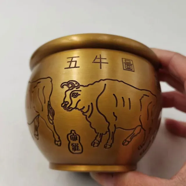 Exquisite Chinese relief lettering with a five bull diagram brass jar tea caddy