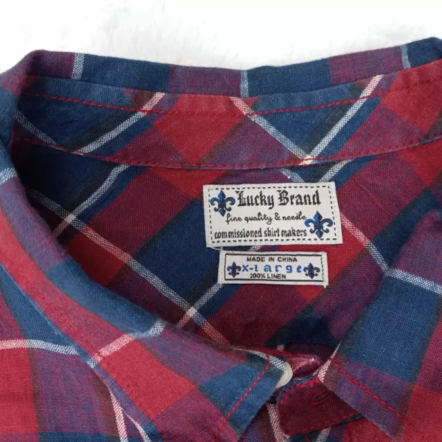 Lucky Brand XL Linen Men's Red and Blue Plaid Short Sleeve Shirt 3