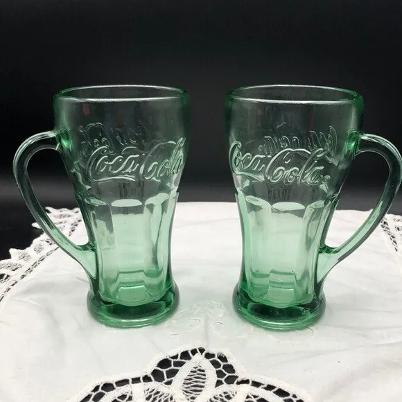 Vintage Libby Coca Cola Heavy Green Glass Glass, Mugs, w/Handles, Indiana Glass