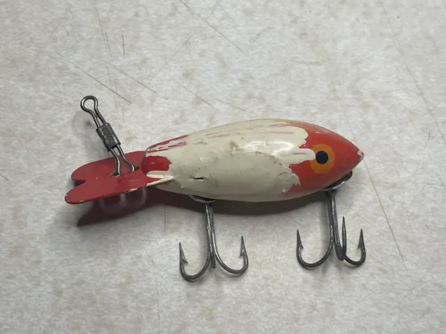 ANTIQUE WOODEN LUXON Fishing Lure Red White 4 Torpedo Bomber 2