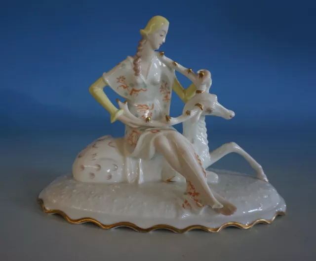 RS0522-003: Hutschenreuther Art Deco Figur Diana mit Hirsch Entwurf Tutter