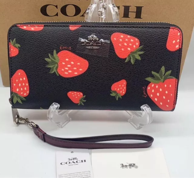 COACH Long Zip Around Wallet Coated Canvas Leather Strawberry Black CH531