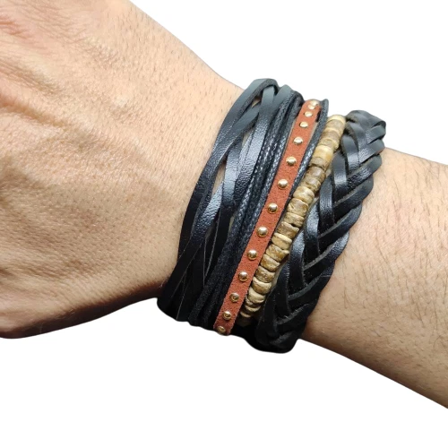 Bracelet Homme En Cuir Noir Tissé - Marque LuZ ITALY - Neuf Avec étiquettes - Taille Ajustable