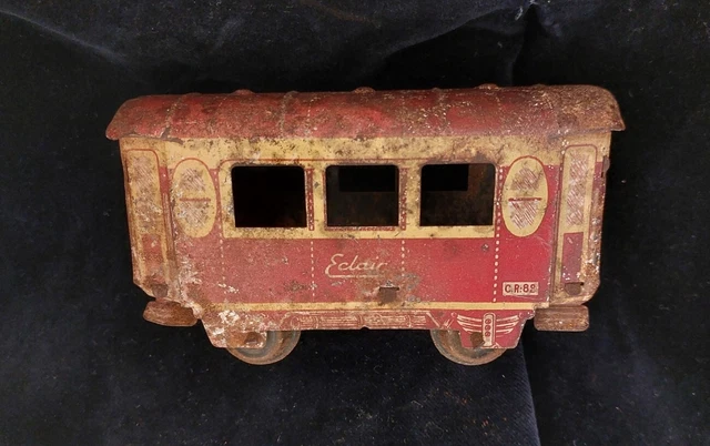 Ancien Train En Tôle Eclair Rossignol - 2 Wagons + Rails - Jouet Vintage