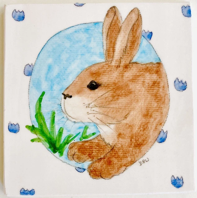 Easter Bunny ITALY Vintage 80s Pottery Tile SIGNED Trivet CUTE Gift Tulip Flower