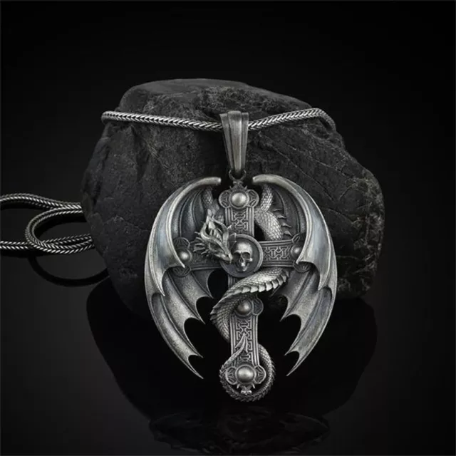 Vintage Hip Hop Aile Biker Gothique Pendentif tête de mort Collier Punk Dragon