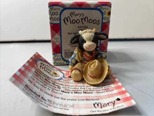 Cow Figurine Marys Moo Moos Chip Collectible Retired Enesco Cowboy w/ Box COA