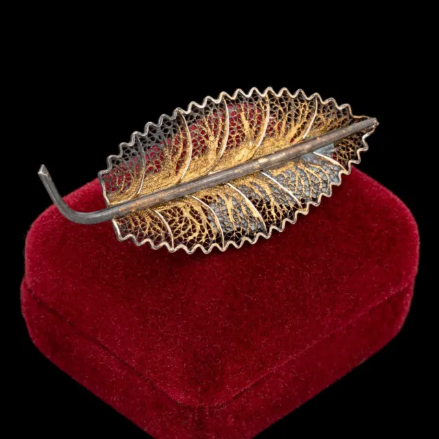 Antique Vintage Nouveau 835 Sterling Silver Gold Filigree Leaf Pin Brooch 6.5g