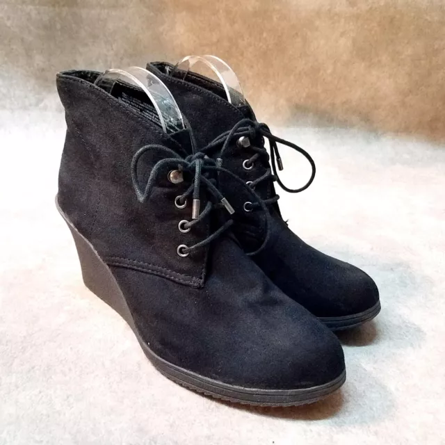 Merona Womens 57147 Size 9.5 Black Textile Lace Up Ankle Boot 3" Wedge Booties