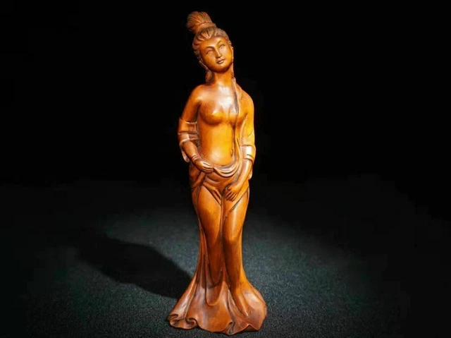Chinese Natural Boxwood Hand carved  Exquisite Beautiful Woman Statues 2957