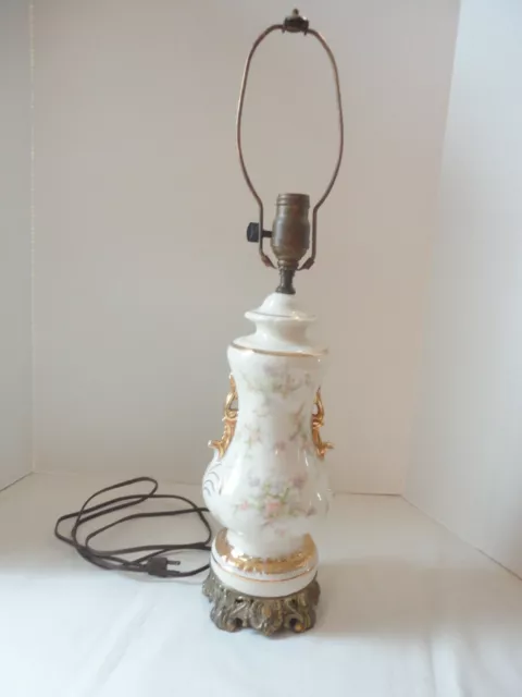 Vintage Homer Laughlin Table Lamp Floral w/Gold Trim 24" Tall Shabby Chic