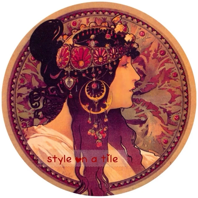 Jugendstil Alphonse Mucha Byzantinische Brünette Dame Rundgetränke Untersetzer Matte Auflage