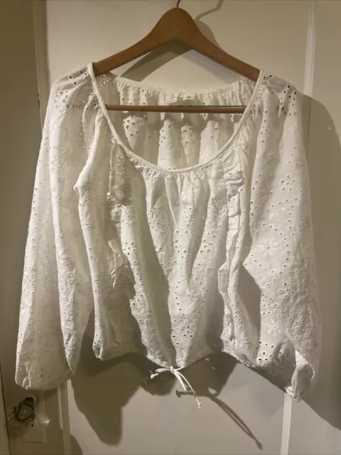 JOIE White Eyelet Blouse Top with Smocked Tie Hem Women's Size Large