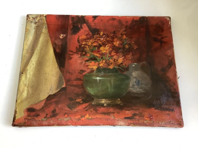 Tableau Ancien Huile sur toile bouquet de fleurs A Restaurer