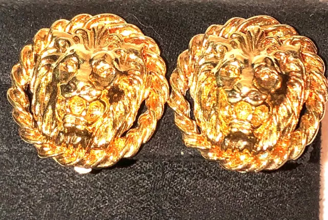 Gold Lion Head Clip On Earrings 1990’s Preppy Button 2