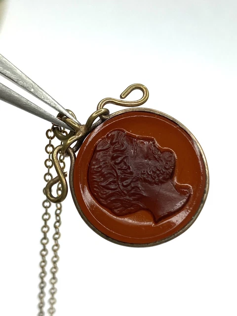 Vintage Art Deco Yellow Gold Filled Garnet Red Glass Intaglio Necklace Pendant