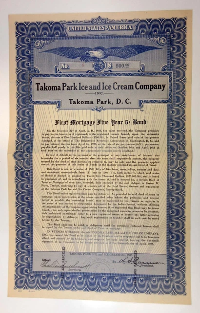 Washington D.C. Takoma Park Ice & Ice Cream Co., 1928 $500 I/C 6% Bond, VF Goes