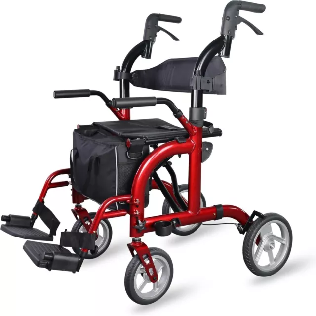 WONDMED 2 In 1 Rollator Walker Folding Transport chair w/ big rear wheels RED