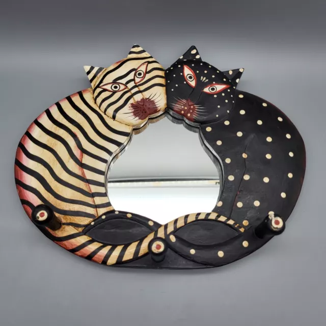 Folk Art Cats Mirror With Hooks Carved Wood Hand Painted Black & Cream 2