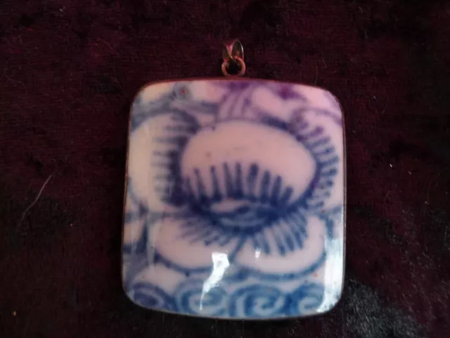 Beautiful Pendant __ Old Porcelain Fragment__Encased IN 925 Silver __ China __ 4