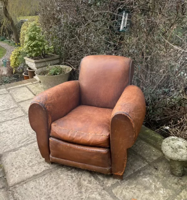 Antique Vintage Original French Brown Leather Club Armchair